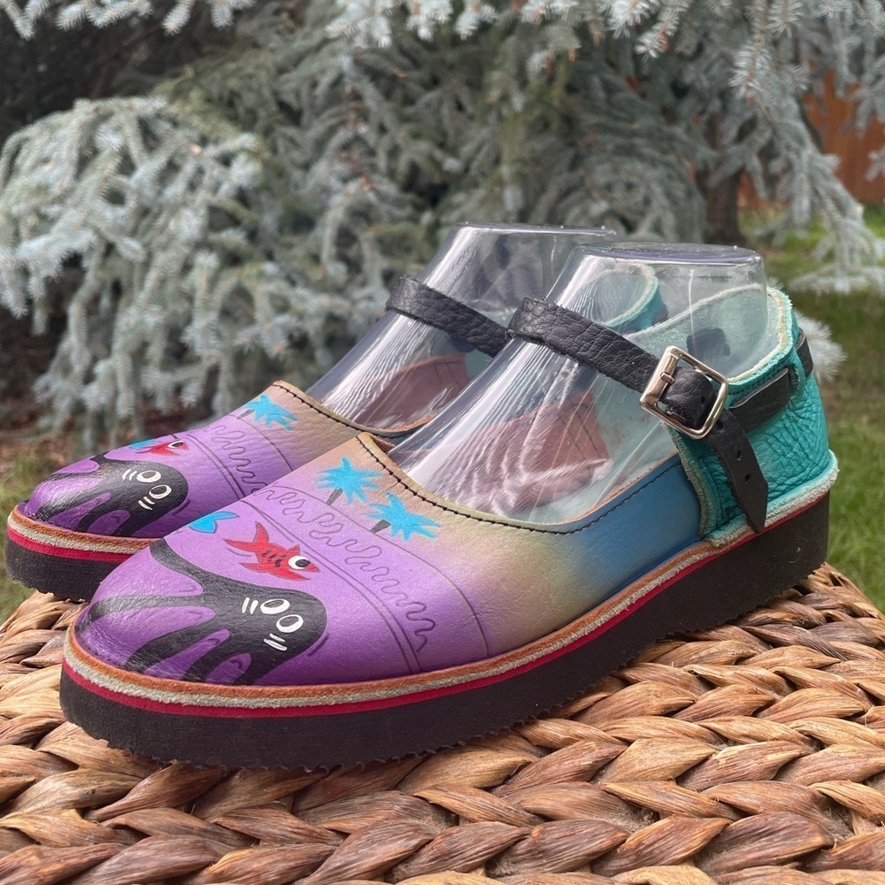 Soltech Octopus Ocean Hand Painted Leather Artistic Mary Janes Flats US Size 9.5